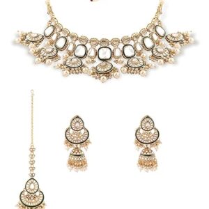ZAVERI PEARLS Gold Tone & Green Enamel Kundan Artificial Stones & Pearls Drop Bridal Necklace Earring & Maangtikka Set For Women-ZPFK16933 (SHANI,256,