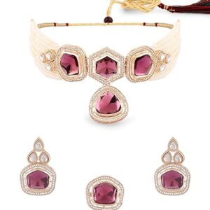ZAVERI PEARLS Purple Multistrand Kundan Stones & Beads Choker Necklace Earring & Ring Set For Women-ZPFK16580(SHANI 133)