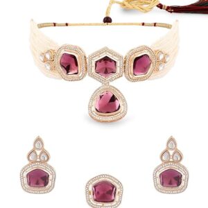 ZAVERI PEARLS Purple Multistrand Kundan Stones & Beads Choker Necklace Earring & Ring Set For Women-ZPFK16580 (SHANI,247)