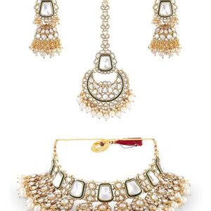 ZAVERI PEARLS Green Meenakari Kundan Bridal Choker Dazzling Necklace Earring Maangtikka Set For Women-ZPFK17760 (SHANI,245
