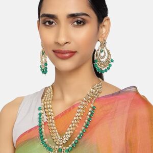 ZAVERI PEARLS Gold Tone Kundan & Green Beads Multistrand Long Bridal Necklace & Earring Set For Women-ZPFK9999 (SHANI,224