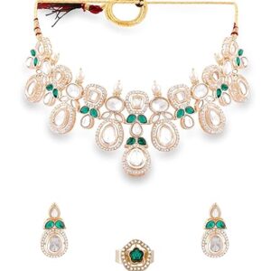 ZAVERI PEARLS Green Stones Dazzling Austrian Diamonds Rajwada Necklace, Earring & Ring Set For Women-ZPFK17287 (SHANI,257