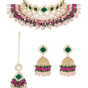ZAVERI PEARLS Pink Green Stones Beads Austrian Diamonds Choker Necklarring & ce EaMaangtikka Set For Women-ZPFK18237(SHANI 99)