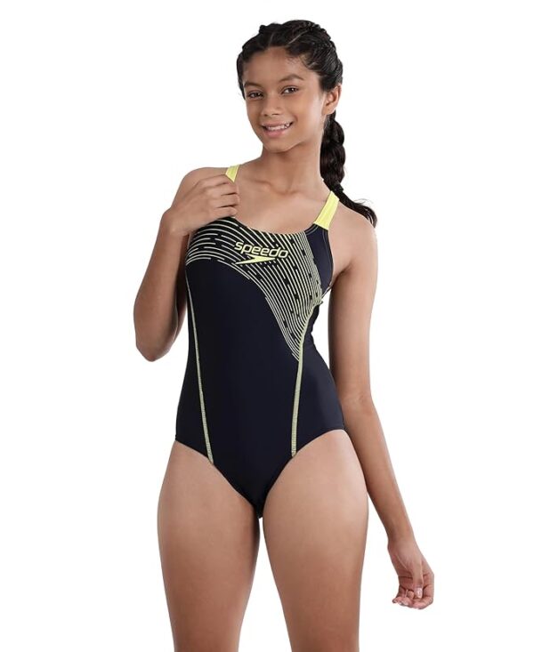 Speedo Girl's Endurance 10 High Chlorine Resistance UPF 40+ Sun Protection Medley Logo Muscleback One Piece V-Cut Swimsuit