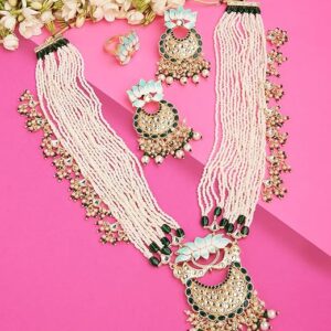 ZAVERI PEARLS Turquoise Blue & Green Multistrand Meenakari Lotus Pearls Necklace Earring & Ring Set For Women-ZPFK14748(SHANI 525)