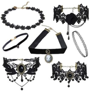 Shining Diva Fashion Jewellery Girls/Women's Black Fabric Lace Chokers Stylish Necklace Combo Set of 7 Pieces (cmb271) (SHANI,596)