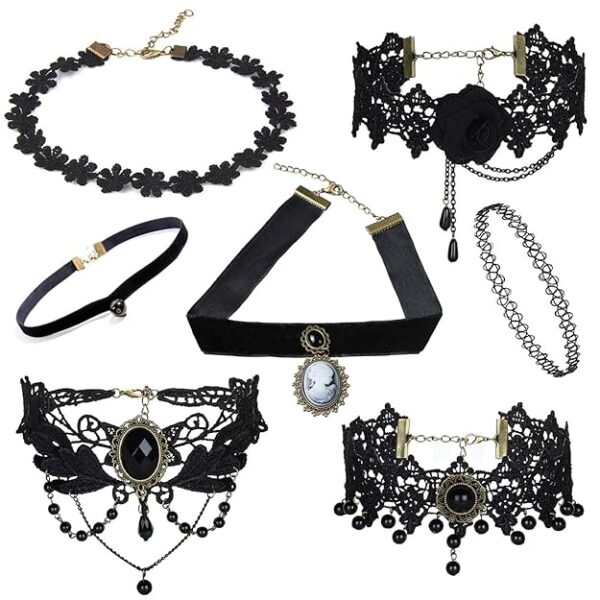 Shining Diva Fashion Jewellery Girls/Women's Black Fabric Lace Chokers Stylish Necklace Combo Set of 7 Pieces (cmb271) (SHANI,596)