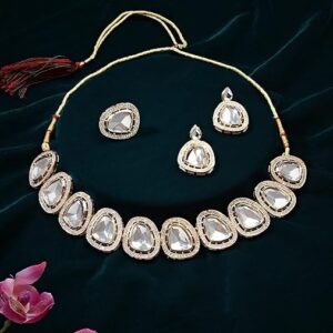 ZAVERI PEARLS Gold Tone Dazzling Kundan & Austrian Diamonds Necklace Earring & Ring Set For Women-ZPFK16067(SHANI 615)