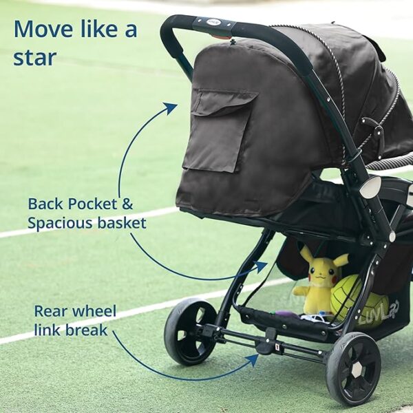 LuvLap Galaxy Baby Stroller, Pram for Baby with 5 Point Safety Harness, Spacious Cushioned seat with Multi Level seat Recline, Easy Fold, Lightweight Baby Stroller for 0 to 3 Years (Black) (7220) - Image 5