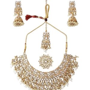 ZAVERI PEARLS Gold Tone Kundan Choker Necklace Earring Maangtikka & Ring Set For Women-ZPFK10799(SHANI 134)