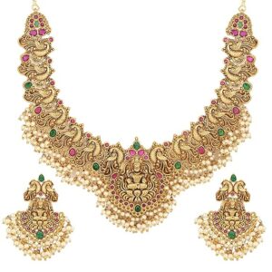 Shining Diva Fashion Latest Stylish Fancy Pearl Choker Traditional Jewellery Set for Women | Temple Necklace Set | Festive Wedding Party Necklace | 22k Gold Plated | Just Like Original Gold Jewellery (SHANI,332)