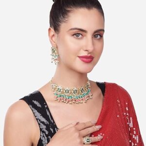 ZAVERI PEARLS Pink & Green Beads Cluster Drops Kundan Choker Necklace Earring & Ring Set For Women-ZPFK13800(SHANI 511)