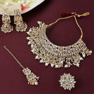 ZAVERI PEARLS Gold Tone Kundan Choker Necklace Earring Maangtikka & Ring Set For Women-ZPFK10799(shani 341)