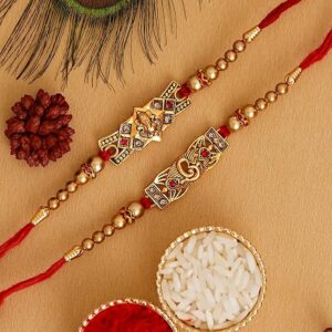 eCraftIndia Set of 2 Lord Ganesha and Om Religious Rakhis with Roli Chawal Pack - Rakhi for Brother, Bhaiya, Bhai(SHANI 510)