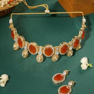ZAVERI PEARLS Orange Stones Austrian Diamonds Embellished Choker Necklace & Earring Set For Women-ZPFK18074(shani 343)