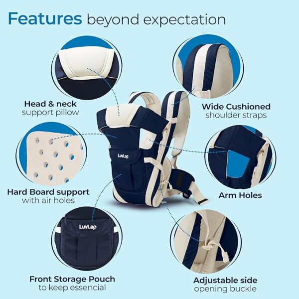 LuvLap Elegant Baby Carrier with 4 Carry Positions, Baby Carrier for 4 to 24 Months Baby, Adjustable New-Born to Toddler Carrier with Cushioned Leg Support, Max Weight Up to 15 Kgs (Navy Blue) (7334) - Image 3