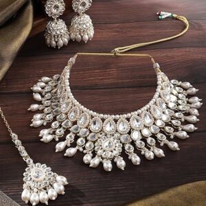 ZAVERI PEARLS Gold Tone Kundan Artificial Stones & Beads Bridal Necklace Earring & Maangtikka Set For Women-ZPFK17106 (SHANI,231