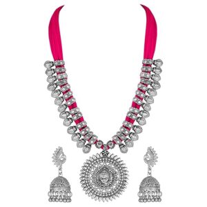 Shining Diva Fashion Latest Oxidised Silver Tribal Cotton Thread Antique Necklace Jewellery Set for Women(SHANI 131)