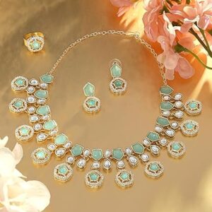 ZAVERI PEARLS Mint Green Kundan Austrian Diamonds & Artificial Stones Embellished Necklace Earring & Ring Set For Women-ZPFK17098(SHANI,316,)