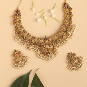 Shining Diva Fashion Latest Stylish Fancy Pearl Choker Traditional Jewellery Set for Women | Temple Necklace Set | Festive Wedding Party Necklace | 22k Gold Plated | Just Like Original Gold Jewellery(SHANI 180)