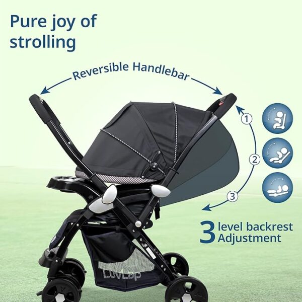 LuvLap Galaxy Baby Stroller, Pram for Baby with 5 Point Safety Harness, Spacious Cushioned seat with Multi Level seat Recline, Easy Fold, Lightweight Baby Stroller for 0 to 3 Years (Black) (7220) - Image 3