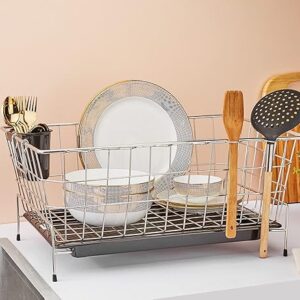 Amazon Brand - Solimo Stainless Steel Dish Drainer with Drain Tray + Cutlery Stand (55.7x37.5X 24.5) for Kitchen Utensils | SS Bartan & Plate Drying Rack Stand(7029)Lags rubber not included