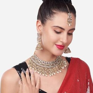 ZAVERI PEARLS Gold Tone Kundan & Pearls Bridal Choker Necklace Set For Women-ZPFK8454(SHANI 523)