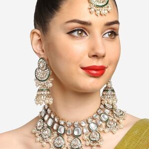 ZAVERI PEARLS Gold Tone & Green Enamel Kundan Artificial Stones & Pearls Drop Bridal Necklace Earring & Maangtikka Set For Women-ZPFK16933(SHANI 520) ( MANGTIKKA NHI HAI )