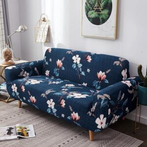 House of Quirk Universal Triple Seater Sofa Cover Big Elasticity Cover for Couch 140 GSM Sofa Slipcover (Dark Blue Lotus, 195-230cm) (8517)