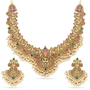 Shining Diva Fashion Latest Stylish Fancy Pearl Choker Traditional Jewellery Set for Women | Temple Necklace Set | Festive Wedding Party Necklace | 22k Gold Plated | Just Like Original Gold Jewellery (SHANI,222)