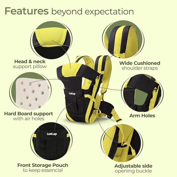 LuvLap Elegant Baby Carrier with 4 carry positions, lightweight & travel friendly, 4-24Month baby, Adjustable New-born to Toddler Carrier with cushioned leg support, Max weight 15Kg (Black & Green) (7295) - Image 3