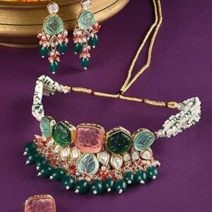 ZAVERI PEARLS Multicolor Stones & Beads Multistrand Beaded Kundan Choker Necklace Earring & Ring Set For Women-ZPFK15095(SHANI 518)