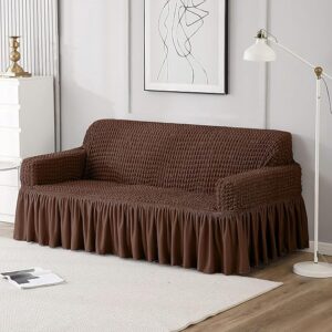 Cortina Elastic Stretchable Universal Sofa Cover with Skirt, Three Seater (180-260 Centimeters), Brown  (.6608