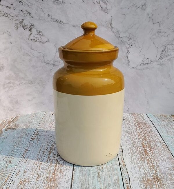 Pure Source India Ceramic Pickle Jar With Lid - 5000 ML, 1 Piece, Ivory and Brown(2630)