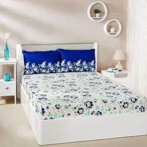 Amazon Brand - Solimo Jasmine Zest 144Tc 100% Cotton Double Bedsheet With 2 Pillow Covers, Blue, Floral, 144 tc  ( pillow cover not included) (6328)