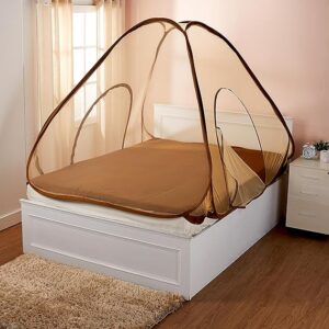 Amazon Brand - Solimo Mosquito Net for Double Bed | Premium King Size Foldable Machardani | Polyester 38 GSM Heavy Net with Base Cloth | Plastic Coated Corrosion Resistant Wire - Golden (7650 )