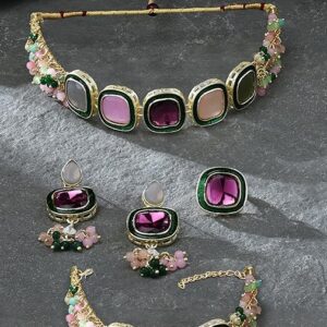 ZAVERI PEARLS Multi Colour Multistrand Beaded Cluster Choker Necklace Earring Ring & Bracelet Set For Women-ZPFK16867(SHANI 617)Braslet not included