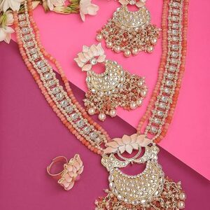 ZAVERI PEARLS Peach Meenakari Lotus Bridal Kundan Long Necklace Earring & Ring Set For Women-ZPFK14749(SHANI 524)