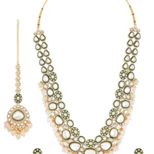 ZAVERI PEARLS Pink Green Beads Dazzling Stones Meenakari Bridal Long ecklacearing & Maangtikka Set For Women-ZPFK18099 (SHANI 46)                  EAR RING NOT INCLUDED
