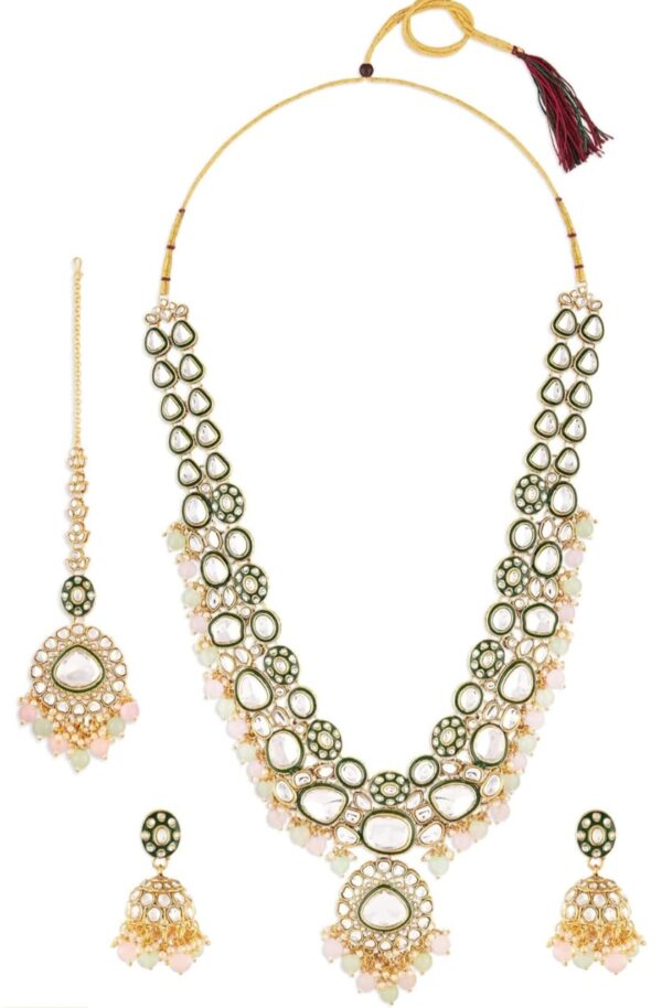 ZAVERI PEARLS Pink Green Beads Dazzling Stones Meenakari Bridal Long ecklacearing & Maangtikka Set For Women-ZPFK18099 (SHANI 46)                  EAR RING NOT INCLUDED