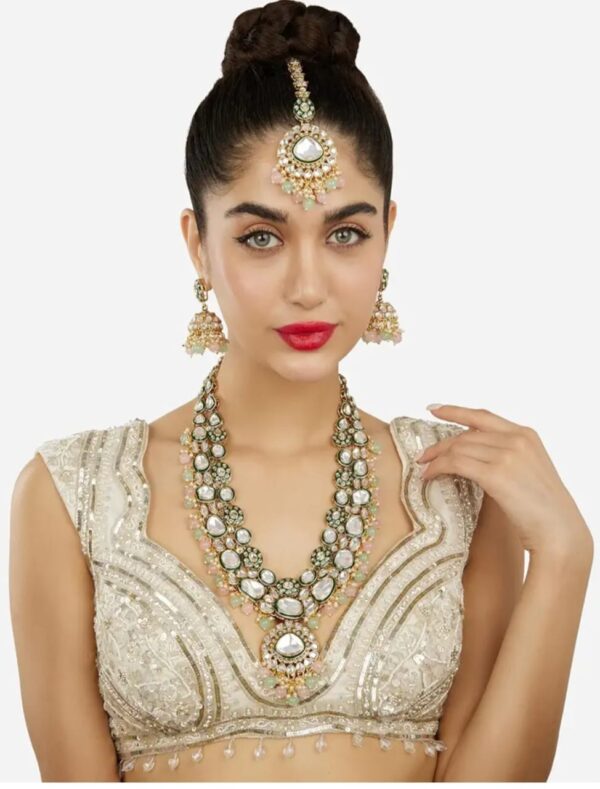ZAVERI PEARLS Pink Green Beads Dazzling Stones Meenakari Bridal Long ecklacearing & Maangtikka Set For Women-ZPFK18099 (SHANI 46)                  EAR RING NOT INCLUDED - Image 4