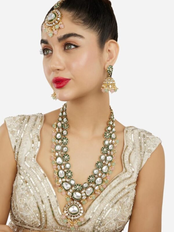 ZAVERI PEARLS Pink Green Beads Dazzling Stones Meenakari Bridal Long ecklacearing & Maangtikka Set For Women-ZPFK18099 (SHANI 46)                  EAR RING NOT INCLUDED - Image 3
