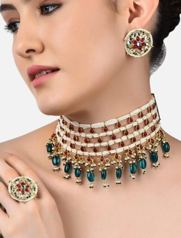 ZAVERI PEARLS Pink Kundan & Green Beads Choker Necklace Earring & Ring Set For Women-ZPFK11071 ( SHANI43) - Image 3