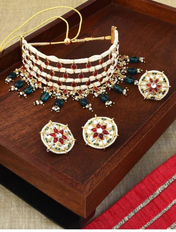 ZAVERI PEARLS Pink Kundan & Green Beads Choker Necklace Earring & Ring Set For Women-ZPFK11071 ( SHANI43) - Image 4