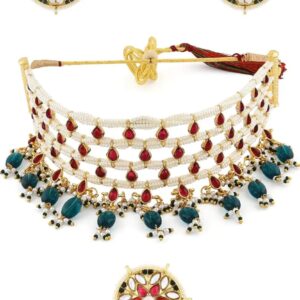 ZAVERI PEARLS Pink Kundan & Green Beads Choker Necklace Earring & Ring Set For Women-ZPFK11071 ( SHANI43)