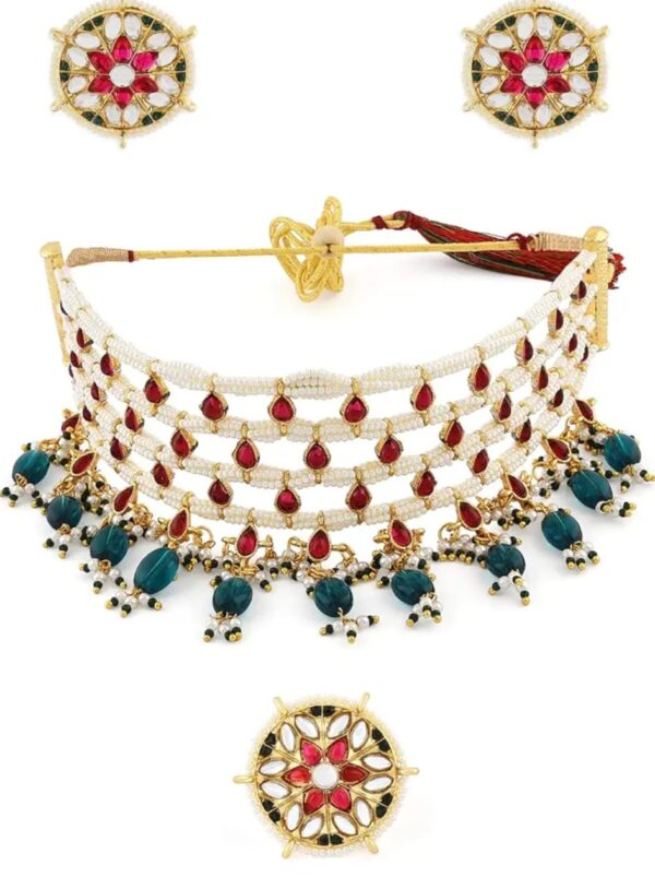ZAVERI PEARLS Pink Kundan & Green Beads Choker Necklace Earring & Ring Set For Women-ZPFK11071 ( SHANI43)