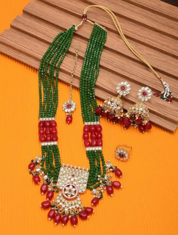 ZAVERI PEARLS Green Maroon Multistrand Necklace Earring Maangtikka & Ring Set For Women-ZPFK11455 ( Shani 32 ) - Image 2