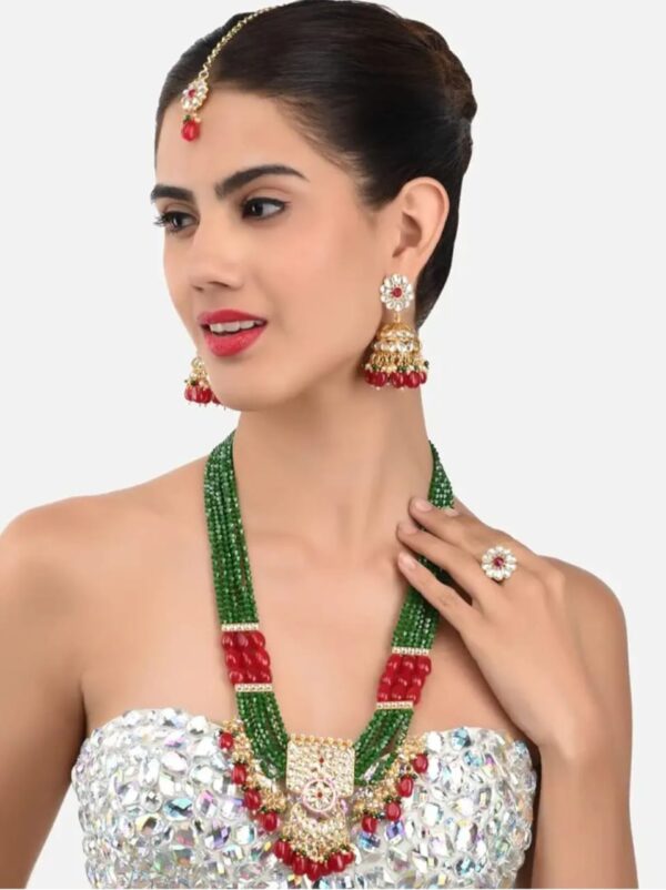 ZAVERI PEARLS Green Maroon Multistrand Necklace Earring Maangtikka & Ring Set For Women-ZPFK11455 ( Shani 32 ) - Image 3