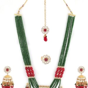 ZAVERI PEARLS Green Maroon Multistrand Necklace Earring Maangtikka & Ring Set For Women-ZPFK11455 ( Shani 32 )