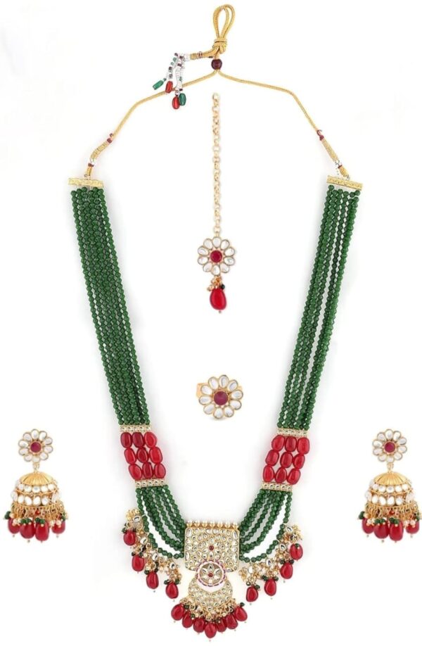 ZAVERI PEARLS Green Maroon Multistrand Necklace Earring Maangtikka & Ring Set For Women-ZPFK11455 ( Shani 32 )